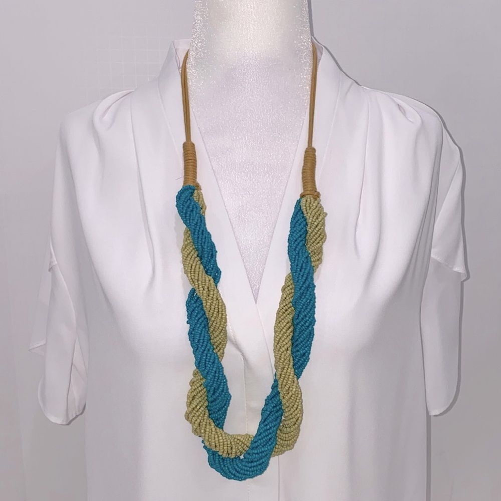 Tanjore Twisted Seed Beaded Teal And Sage Necklace